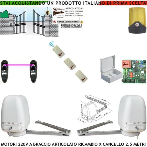 Cancello Elettrico 5 Metri 2 Ante da 0,5 a 2,5 Metri 2 Motori Braccio Articolato 220 V 250 NM Accessori Ricambio Automatismo Centrale 3 Radiocomandi Fotocellule (1/4)