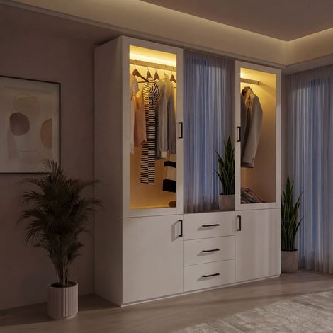 Armoire 130x52x181.5 cm - Garde-Robe 2 Portes Vitrées et 2 Portes -avec LED,  avec Miroir de Plain-pied et Penderie & 3 tiroirs -  Verre et Bois, Blanc