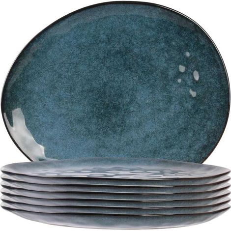 Altobuy – Set de 6 assiettes à dessert en céramique bleu – Dimensions 22x18cm – Émaillage brillant – Compatible lave-vaisselle (1/5)
