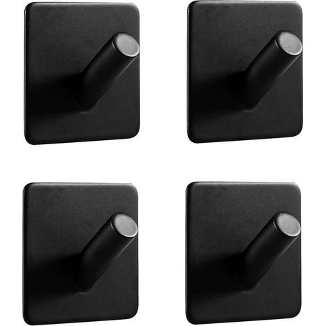 Lot de 4 crochets adhésifs noirs mats carrés inclinés, fixations murales sans perçage 3M pour salle de bain et cuisine, porte-serviettes en acier inoxydable autocollant (1/5)