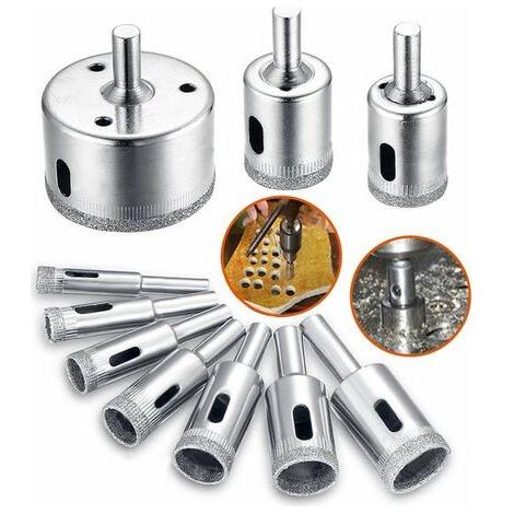 Diamantbohrer, Lochsäge, Bohrer-Zubehörset zum Schneiden von Glas/Fliesen/Keramik/Marmor/Porzellan, Kernbohrer, Fräser aus Edelstahl, Kohlenstoffstahl, 8-50 mm, 10-teilig (8/10 (1/5)