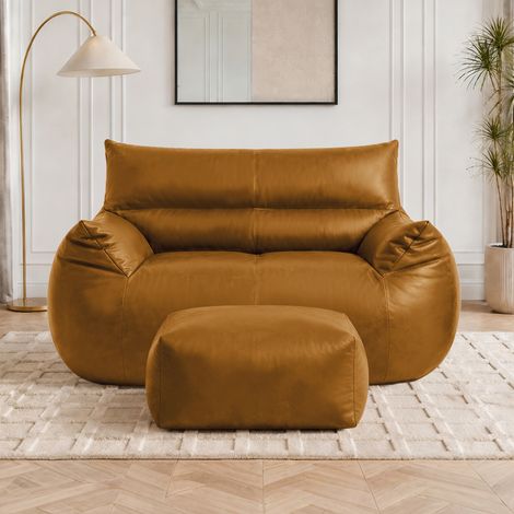Pouf double avec repose-pieds - Grand pouf pour adultes, adolescents et enfants, idéal pour le salon, la chambre ou les dortoirs. Revêtement en similicuir marron. (1/5)