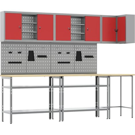Arbeitsschrankset mit Regal mit Speicher 10 pcs Rot und Grau (1/5)