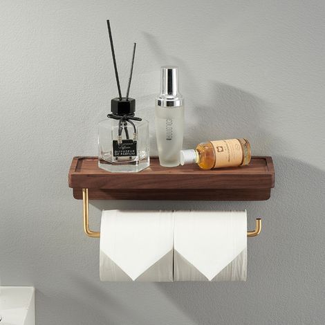 Doppelter Toilettenpapierhalter aus Massivholz, selbstklebender, wandmontierter Toilettenpapierhalter, dekorativer Toilettenpapierhalter für Bad und Küche (Farbe: Schwarzwalnuss) (1/5)