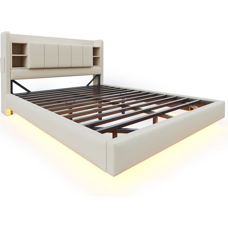 Cama tapizada 160 x 200 cm con USB y LED, cabecero reversible, lino beige, HOMVRA (1/5)