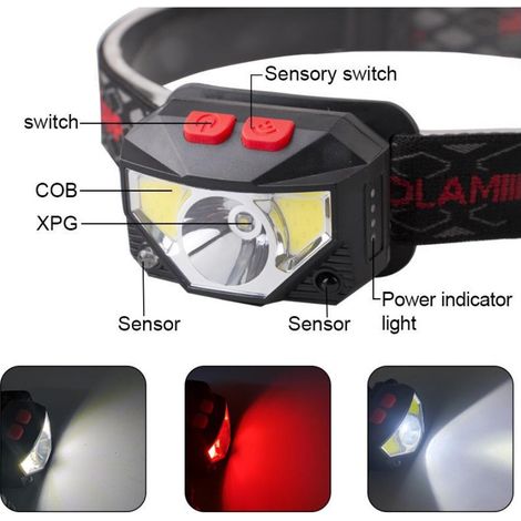 Phare LED, Phare Rechargeable USB avec Détecteur de Mouvement, 300LM 6 Modes IPX4 Éclairage Étanche, Pêche, Camping, Jouer, Randonnée, Cyclisme (1/2)