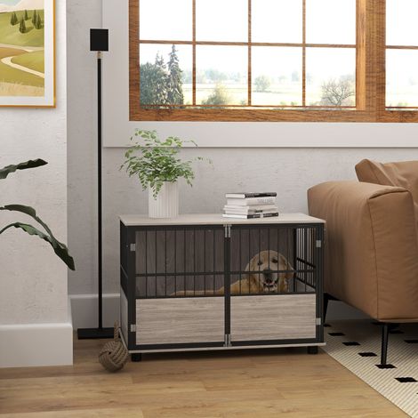 Gabbia per cani, robusta ed elegante, 100x60x68 cm, finitura in legno di noce e nera
