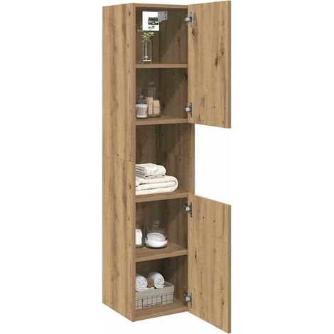 Meuble Salle de Bain Suspendu en Chêne Massif Artisanal 30x30x130 cm - Rangement Vertical Élégant et Compact pour Petite Salle d'Eau (1/5)