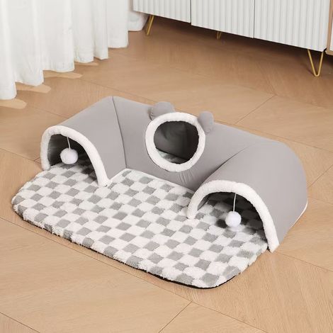 Tunnel pour chat 2 en 1 surdimensionné pouvant accueillir plusieurs chatons, tapis de jeu lavable et polyvalent, jouet lapin amovible et tapis doux et confortable avec tunnel, L : 75 x 55 cm (recomman