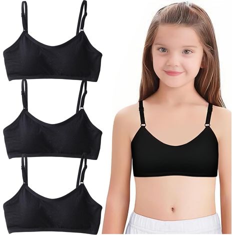 3 Pack Girls' Bra,Bustier Mädchen,Skin-Friendly Cotton Sports Bra Sport BH,Training Bras Underwear and Adjustable Strap Girls Crop Top for Kids 8-14 Years,Teenager Mädchen Geschenke(Noir) (1/5)
