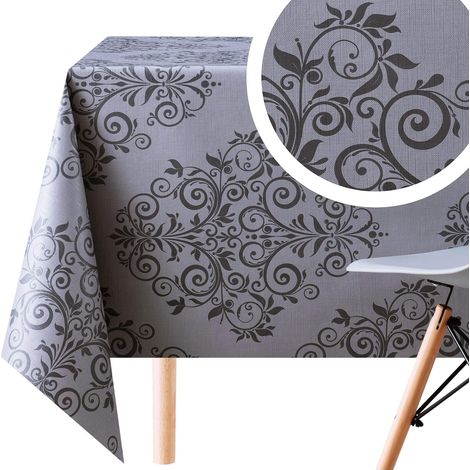 Toile Cirée Rectangulaire Gris Foncé 200 x 140 cm – Imperméable et Facile à Nettoyer – Motif Baroque Oriental en Relief – Nappe Plastique d’Extérieur et d’Intérieur (1/5)