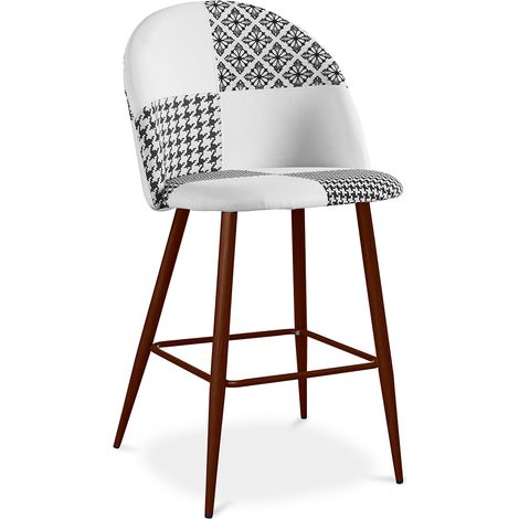 Tabouret Tapissé Patchwork - Style Scandinave - Noir et Blanc - 66cm - Evelyne Blanc / Noir (1/3)
