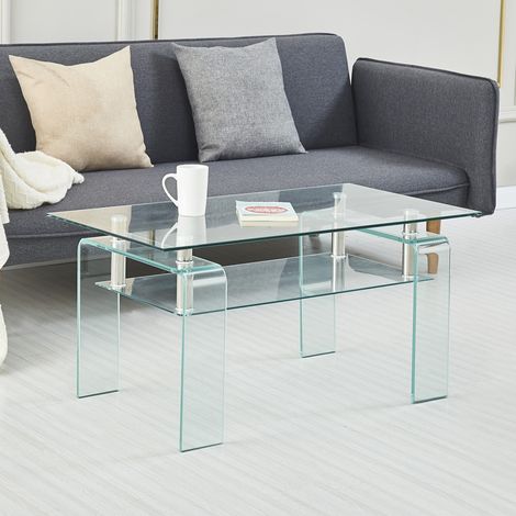 Table basse salon verre trempé transparent, pieds en verre, meuble design moderne déco intérieur 100x55x45 cm (1/5)