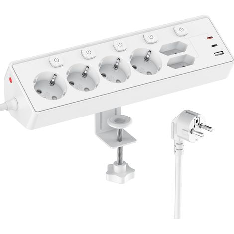 Multiprise avec Interrupteur Individuel, 9 en 1 multiprise Plate avec 4 Sortie AC, 2 EU Ports, 3 USB Ports, pour Le Bureau, Salon, Chambre à Coucher, Cuisine, Rallonge Electrique 2M,Blanc (1/5)