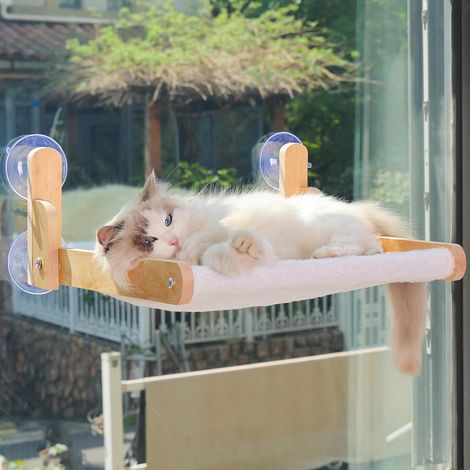 1 Perchoir Fenêtre Chat Cadre Bois Hamac Pliable Fourrure Lapin Ventouses Sans Perçage Intérieur
