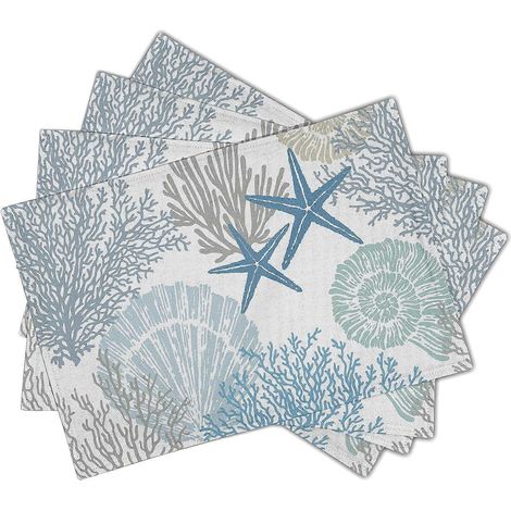 Set de 4 sets de table à thème marin, étoiles de mer, plage, coquillages, lavables, antidérapants et résistants à la chaleur, 12/18 pouces, épais, décoratifs, pour l'été et le bord de mer (1/4)