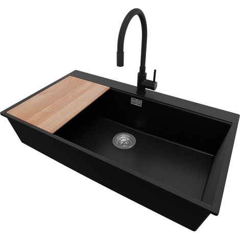 PRIMAGRAN Evier Cuisine en Granit 88x50cm, Lavabo 1 bac + Robinet 40x38cm + Kit de Vidage + Planche à Découper, Évier à Encastrer au meuble 90cm - Oslo, Noir (1/5)