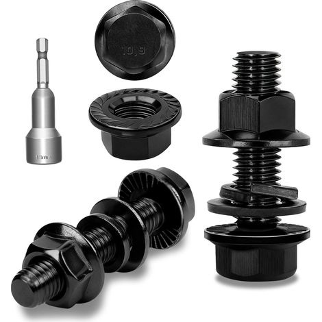 Lot de 8 vis à tête hexagonale M10 x 30 mm avec bride en acier au carbone noir DIN 6921 à six pans extérieurs, rondelles, écrous et douille hexagonale (1/5)
