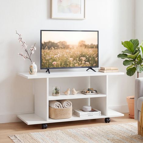 Meuble TV Moderne avec Étagères, Roues Pivotantes et Freins, 80x40x40 cm, Blanc (1/5)