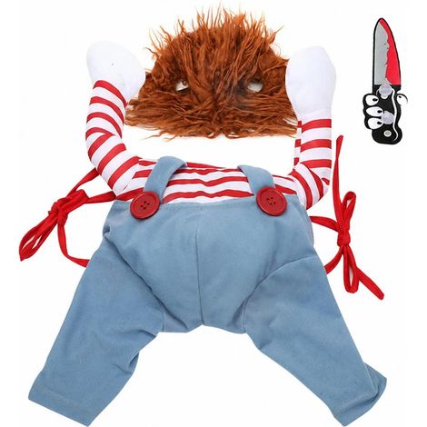 vêtement et perruque pour animal de compagnie transformé pour Halloween, costume de chien amusant avec poupée ensanglantée et couteau, fournitures pour animaux de compagnie pour les fêtes (XL) (1/5)