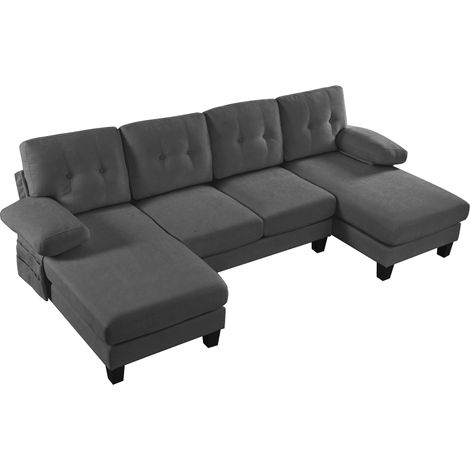 Sofá U de 4 plazas con chaise longue, chenilla gris, respaldo ajustable, HOMVRA (1/5)