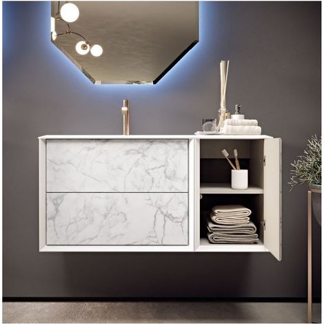 Mobile Bagno Bellagio105 cm SospesoFrontali in Vetro Marmorizzato White stone Base 2 cassetti e 1 anta - Lavabo in Resina (1/5)