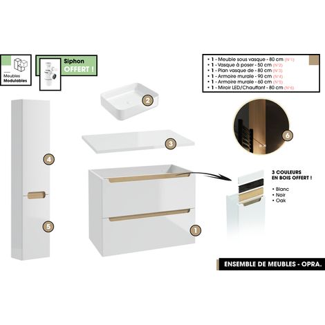 Ensemble complet de salle de bain - Meuble - Plan - Armoires - Miroir - Vasque à poser avec Siphon OFFERT OPRA 80 x 60 x 45 cm (1/5)