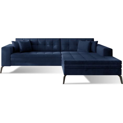 Canapé convertible capitonné angle droit velours bleu marine et pieds métal noir Lazor 295cm (1/5)