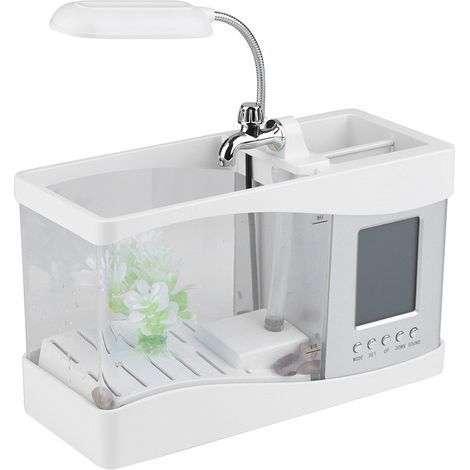 Aquarium USB rechargeable avec horloge et LED - Mini bocal à poissons multifonction blanc (1/5)