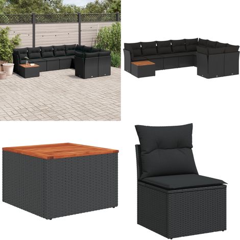 Salon de jardin 10 pcs avec coussins noir résine tressée - Ensemble Salon De Jardin - Mobilier Extérieur - Canapé Jardin - Résine Tressée - Rotin Synthétique - Home & Living (1/5)