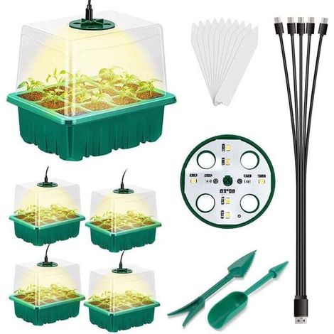 5 Pièces Mini Serre pour Plantes, Mini Serre pour Semis Apporter Lampe de Croissance 5 Pièces 60 Cellules, Serre Intérieure Pépinière Boîte Propagateur Jardin