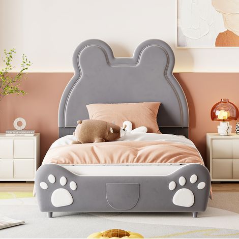 Bett Kinder-Polsterbett in Baerenform, grau, 90x200 cm, mit gepolstertem Kopfteil und Lattenrost (1/5)