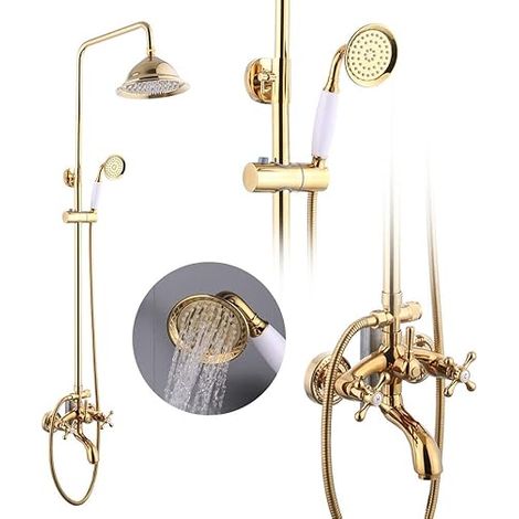 Ensemble de douche antique - Système de douche à effet pluie - Douchette à main - Rétro nostalgie - Moderne - Robinet de douche - Mitigeur de salle de bain - Avec pommeau de douche rond - Doré (1/5)