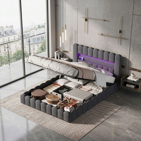 Lit double 180x200 cm avec éclairage LED et Type-C et USB, Lit capitonné avec coffre de rangement avec sommier à lattes en bois, lin (Gris, 180x200 cm) (1/5)