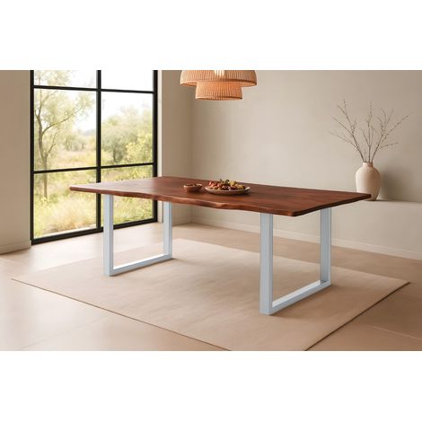 Esstisch Baumkante massiv Akazie kastanienfarben 200 x 100 cm U-Gestell silber Roxana (1/5)