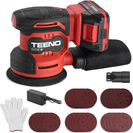 Teeno – Ponceuse orbitale 20V Ø125mm – 6 vitesses 6000-13000 spm – Avec 25 papiers de verre – Collecteur de poussière – Ergonomique (1/5)