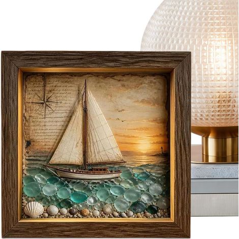 Cadres D'Art Muraux Décor Côtier en Verre de Mer avec Éclairage LED L'Art de l'Encadrement pour Couloir Chambre Bébé Bureau Maison Entrée Bibliothèque et Chambre à (1/5)