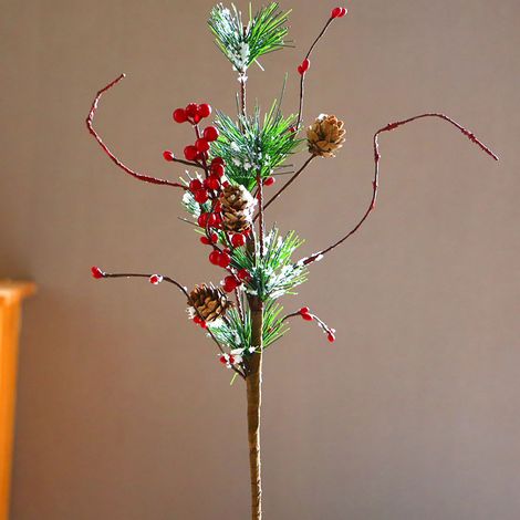 Ensemble de 3 branches de pin artificielles (45 cm) recouvertes de neige, avec des baies rouges et des pommes de pin pour la décoration de vase de Noël. (1/5)