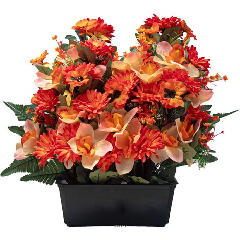 Imposante Jardinière de fleurs artificielles pour le cimetière H 57 cm Lg 48 cm Orange - couleur: Orange