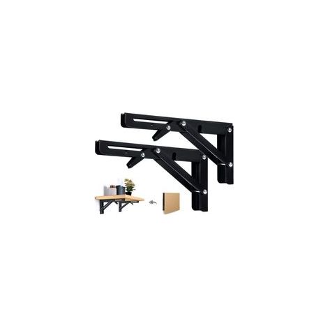 2PCS Support d' Étagères Pliable 250mm Équerre Pliante Étagère Murale Support Pliante Robuste Noir Support Console Pliable pour Table Etagere Murale 50KG Porteur (1/5)