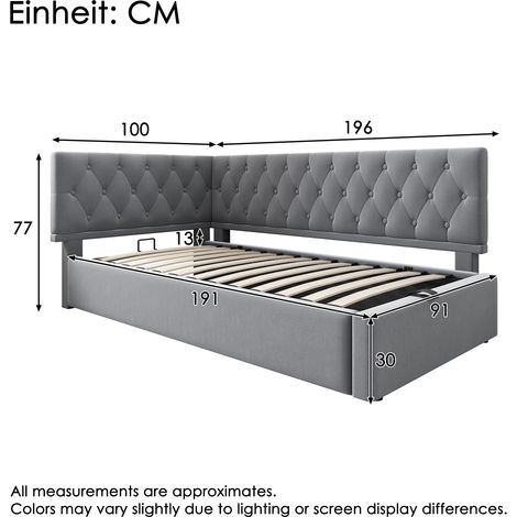 Canapé-lit à coffre hydraulique 90x190cm, Velours gris - Daybed Polster pour enfant et adolescent, sommier bois, sans matelas (1/4)