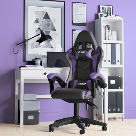 Bigzzia – Fauteuil de bureau gaming réglable avec coussin et dossier inclinable – Cuir PU, mousse mémoire – Noir et pourpre, poids max 110 kg (1/5)