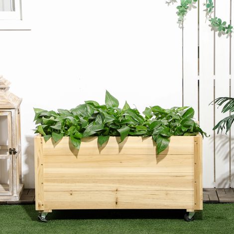 Jardinière Surélevée en Bois - Bac à Fleurs 89x48x47cm - Roues + Trou Vidange - Bois de Sapin Naturel