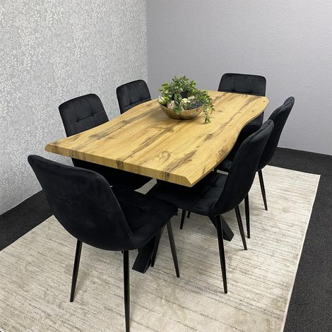 Wooden Brown Dining Table with 6 Black Velvet Chairs, Stylish Dining Room Furniture (1/5)