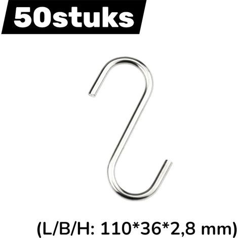 Lot de 50 crochets métalliques en forme de S en acier inoxydable 2,8 mm pour tringles et portes de cuisine chambre et salle de bain 110 x 36 mm couleur argentée (1/5)
