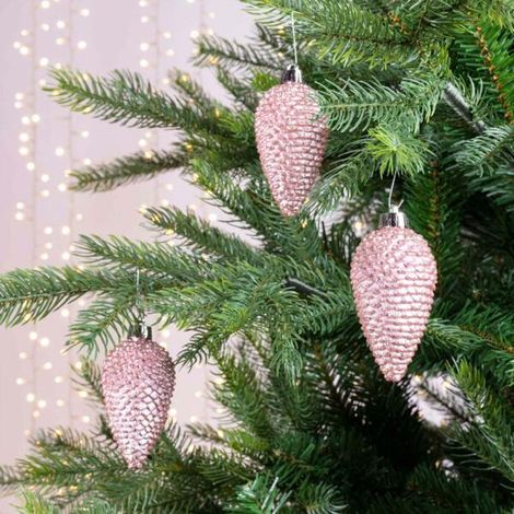 Kaemingk – Pommes de pin de Noël incassables – Rose poudré à paillettes, Ø 4,5 cm, plastique (1/3)