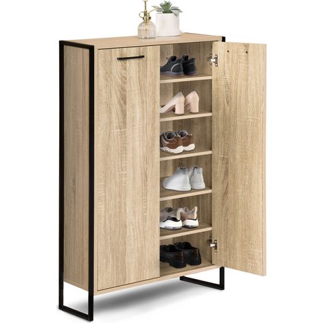 Idmarket – Armoire à chaussures 18 paires – 2 portes – Bi-matière bois hêtre et métal noir – 5 étagères ajustables – Dimensions 60x35x110 cm (1/5)