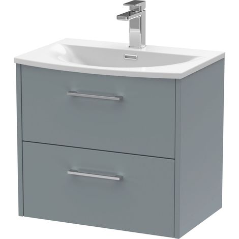 Winshill Contemporary 2 Drawer Wall Hung Vanity Unit with Curved Basin, Grey, 600mm