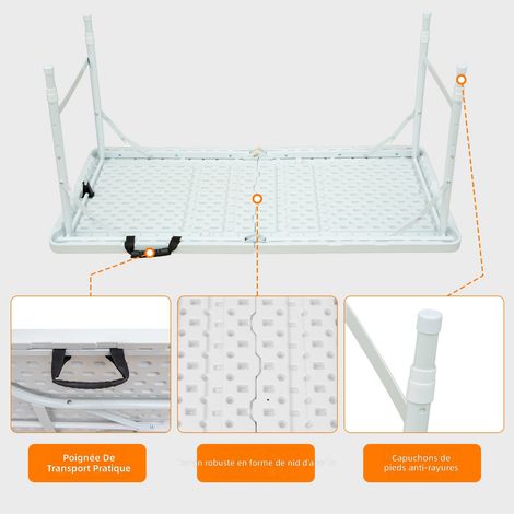 Table pliante portable 125 cm avec poignée et hauteur réglable, table multifonction robuste pour camping pique-nique intérieur extérieur, capacité 135 kg (blanc) (1/5)