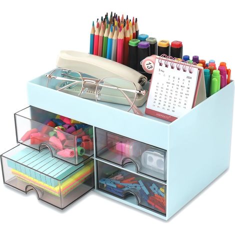Organisateur de Bureau avec 4 Tiroirs, 19CM x 14CM Organisateur de Bureau Multifonctionnel Porte-Stylo de Grande Capacité Organisateur de Maquillage pour Bureau École Maison Tableau (Bleu) (1/5)